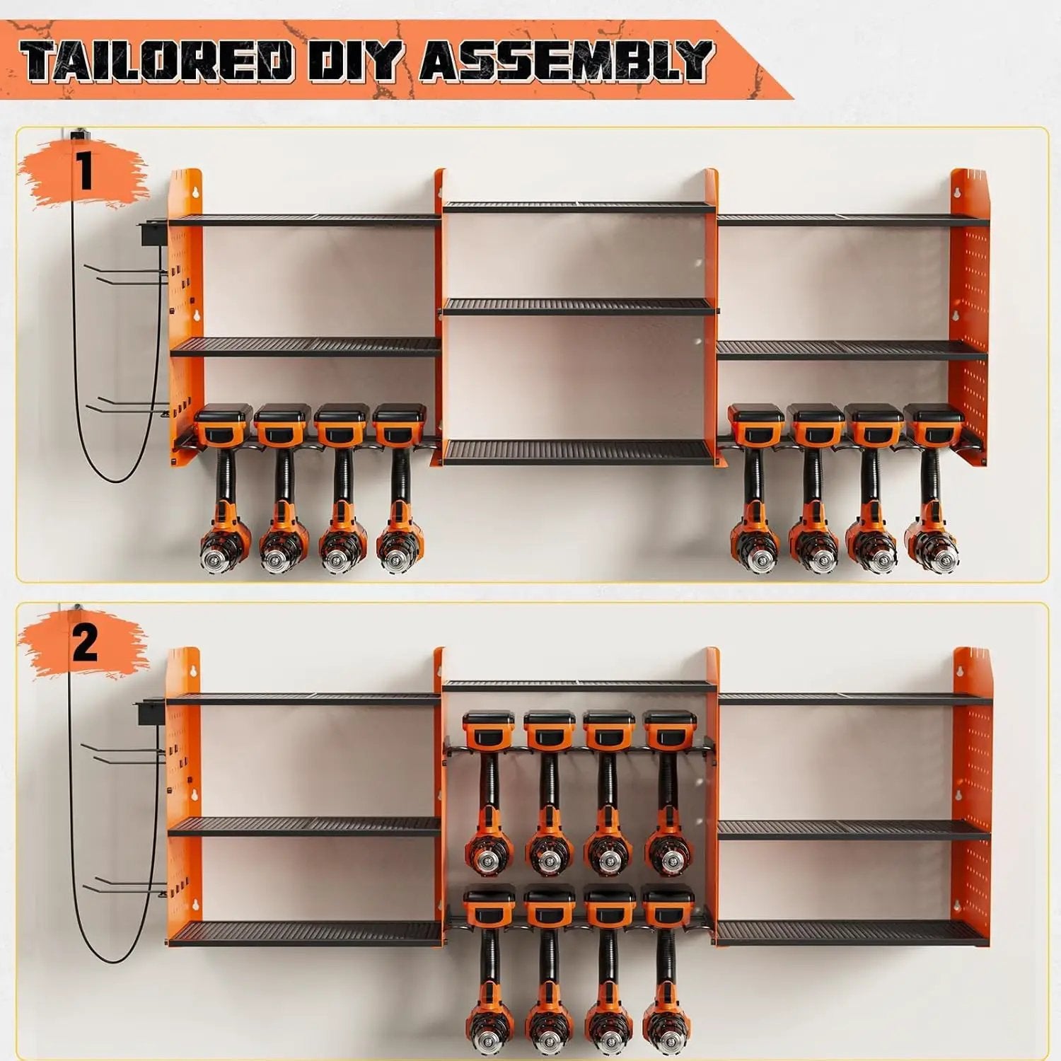 Power Tool Organizer with Charging Station Wall Mount, 3 Layer Expanded Heavy Duty Garage Organization, 45.5 Inch Length Garage Tool Storage, 8 Drills, 2 Assemble Method, Orange by GreenHaven Gardens