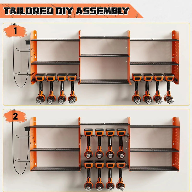Power Tool Organizer with Charging Station Wall Mount, 3 Layer Expanded Heavy Duty Garage Organization, 45.5 Inch Length Garage Tool Storage, 8 Drills, 2 Assemble Method, Orange by GreenHaven Gardens