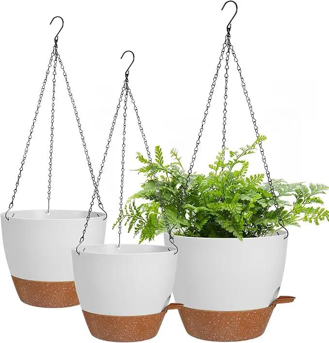 10/9/8 Inch Hanging Planter for Indoor Outdoor Plants, 3 Pack Self-Watering Hanging Pot with Drainage Holes Hanging Planter Baskets Plant Pots with Removable Tray (White+Brown) by GreenHaven Gardens