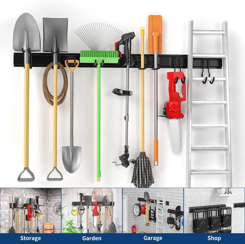 Wall Mount Tool Storage Rack, 15 PCS Heavy Duty Steel Yard Garden Tool Organizer, Garage Tool Organizer Wall Mounted Storage System Hold Up to 550lbs, with 2 Extension Cord by GreenHaven Gardens