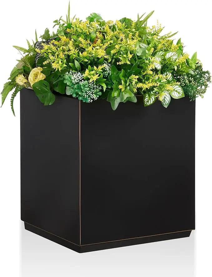 Metallic Heavy Cube Planter Box, No Assembly Required, Seamless Large Black Outdoor Planter 17”Lx17”Wx20”H 24Pounds Black with Hand Brushed Gold Rim by GreenHaven Gardens