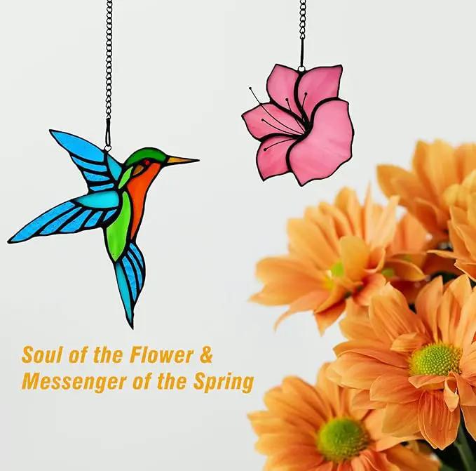 2 Pack Stained Glass Hummingbird with Flower Suncatcher for Window Hanging Ornament, Sun Catchers Indoor Window, Stained Glass Birds with Flower Gifts for Women, Mom, Birds Lovers by GreenHaven Gardens
