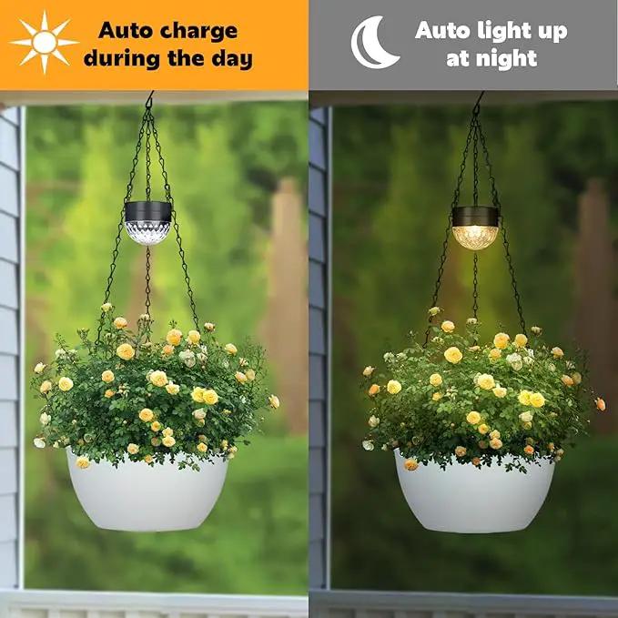 2 Packs Hanging Planters Basket for Outdoor Plants, Solar Powered Self Watering White Round Plastic Flower Pots with Drainer for Balcony Patio Garden Outdoor Decoration by GreenHaven Gardens