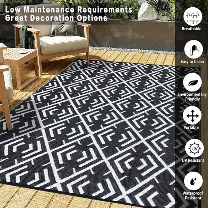 Outdoor Rug Mats, Large Waterproof Outdoor Area Rug, Reversible Portable Outdoor Plastic Straw Carpet for RV Deck Camping Front Door Indoor Outside Porch Picnic (5x8ft Geometric Black&White) by GreenHaven Gardens