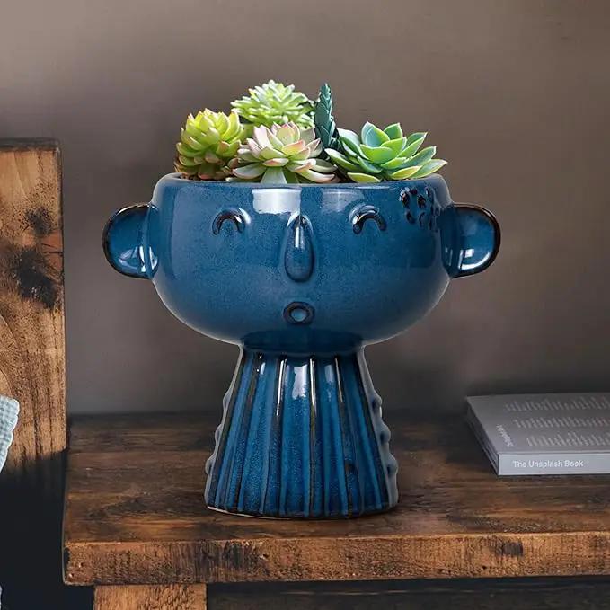 Head Planter Pot - 7 Inch Cute Face Planter for Indoor Outdoor Plants Ceramic Succulent Pot Round Flower Pot Present for Mother Christmas with Drainage Hole Blue by GreenHaven Gardens