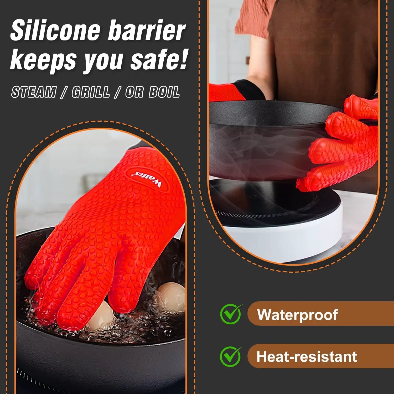 Walfos Silicone BBQ Gloves - Heat Resistant Grilling Gloves, Premium Non-Slip Kitchen Silicone Oven Mitt with Protective Cotton Layer Inside, Waterproof, Great for Grilling, Kitchen and Cooking, Red by GreenHaven Gardens
