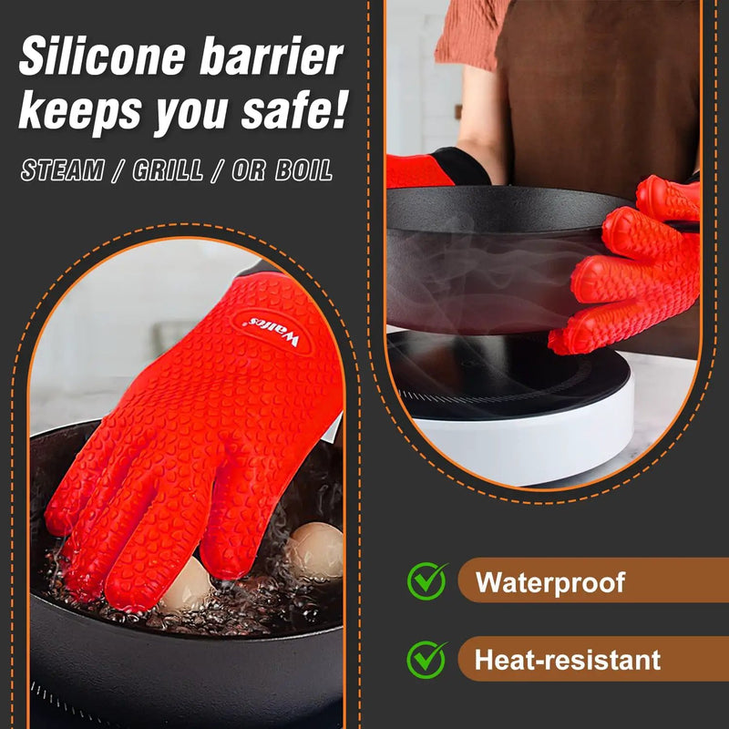 Walfos Silicone BBQ Gloves - Heat Resistant Grilling Gloves, Premium Non-Slip Kitchen Silicone Oven Mitt with Protective Cotton Layer Inside, Waterproof, Great for Grilling, Kitchen and Cooking, Red by GreenHaven Gardens