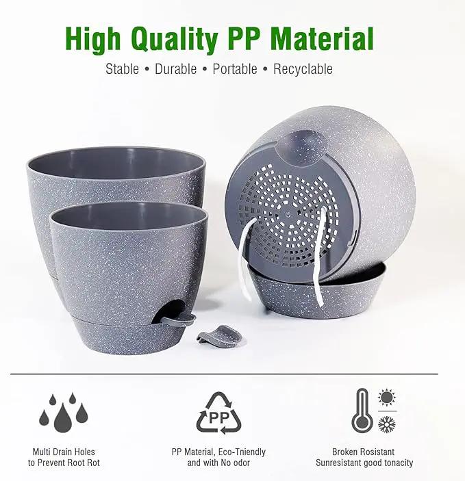 Large Self Watering Pots, 12/10/9 Plastic Planters with High Drainage Holes and Deep Reservoir for Indoor Outdoor Garden Plants and Flowers, Grey Speckles by GreenHaven Gardens