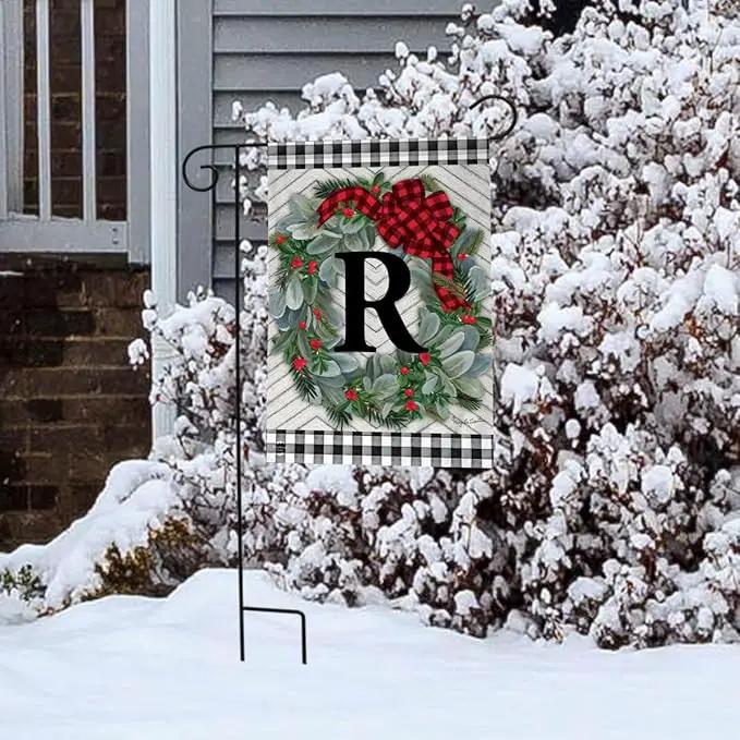 Briarwood Lane Winter Wreath Monogram Letter R Garden Flag by GreenHaven Gardens