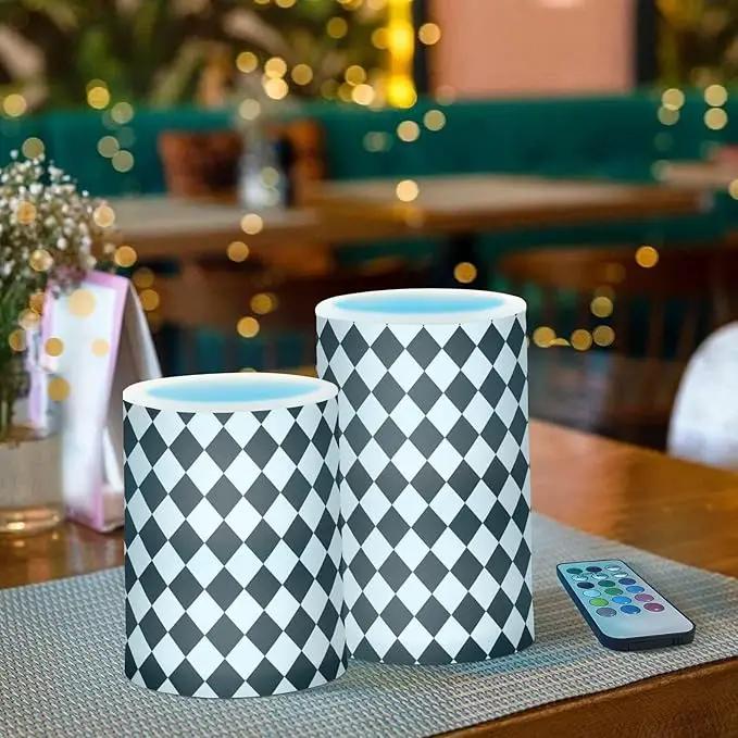 Flickering Flameless Candles, Black White Rhombuses Checkered LED Candles with Remote Timer, Set of 2 Battery Operated Candle for Valentine Wedding Birthday by GreenHaven Gardens