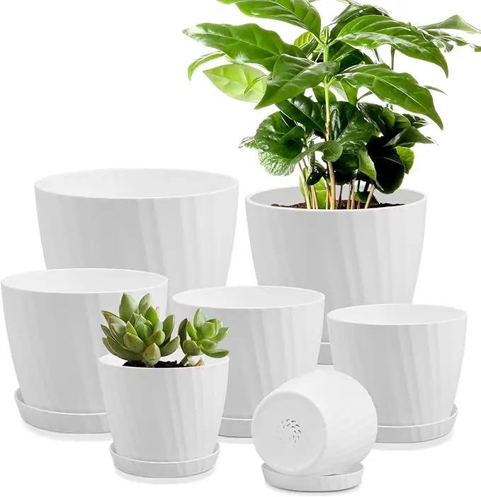 7 pcs Plant Pots with Drainage Holes and Saucers, Indoor Planters, Set of 7 (7.5, 7, 6.5, 6, 5.5, 4.5, 3.5 Inches), White by GreenHaven Gardens