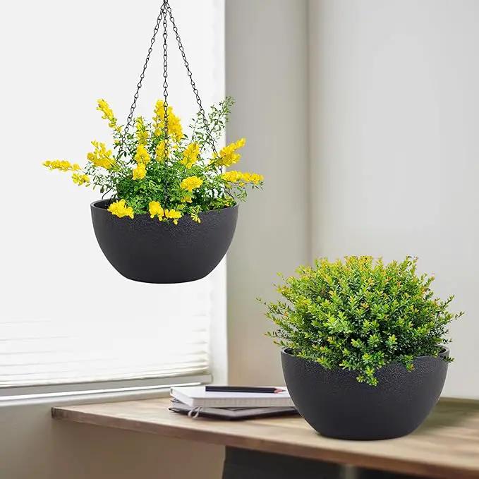 8 inch Small Hanging Planters Plant Pots for Indoor Outdoor Plants, 2 Pack Hanging Flower Pots with Drainage Holes and Chain for Garden Porch, Plastic Hanging Baskets for House Plants, Black by GreenHaven Gardens