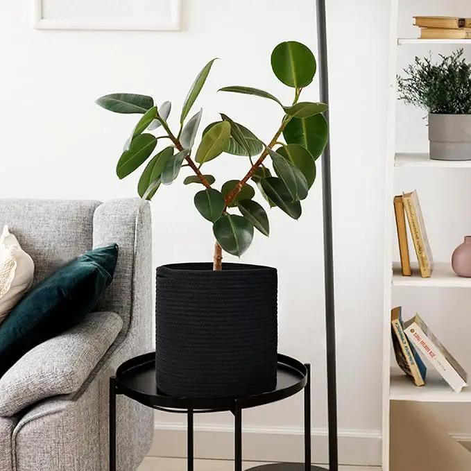 Cotton Rope Plant Basket, Woven Basket Planter for 11 inch Pot, Round Indoor Tree Pot Cover, Storage Bin Organizer, Modern Basket for Plants and Home Decor, 12.5”X12.5”, Black by GreenHaven Gardens