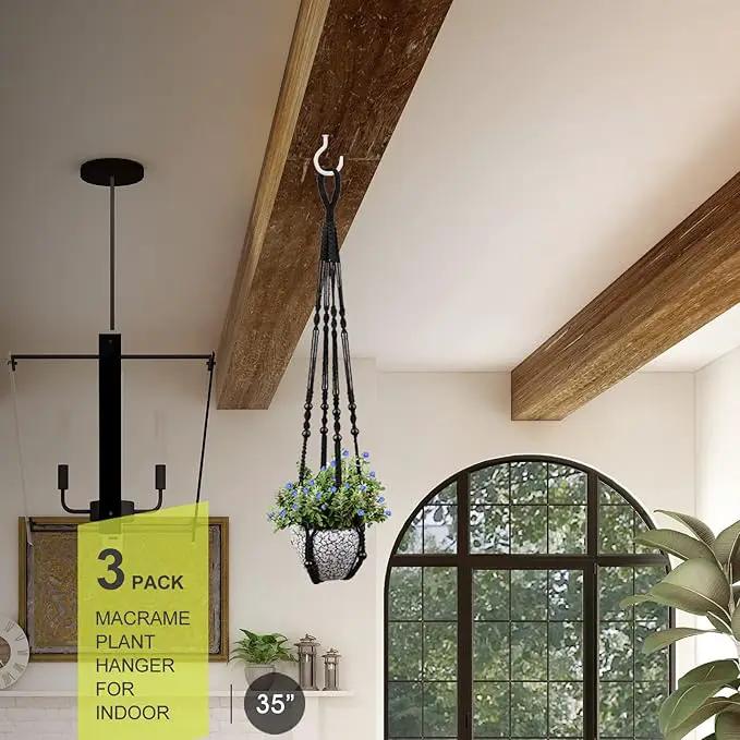 RIFNY Macrame Plant Hanger for 5 to 10 Inch Plant Pots, 35 Inch Indoor Handmade Woven Rope Hanger Kits with Hooks and Wood Beads, Hanging Planter Basket Holder for Boho Home Decor (Black, 3 Pack) by GreenHaven Gardens