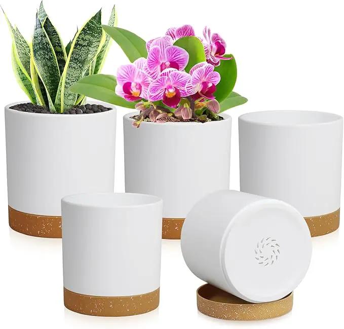 5 Pack Cylindrical Flower Pots with 7/6.5/6/5/4 inch, Modern Small Plastic Plant Pots with Drainage Holes & Saucers, Round Planter Pots for Outdoor, Indoor & Office Decor (White Brown) by GreenHaven Gardens