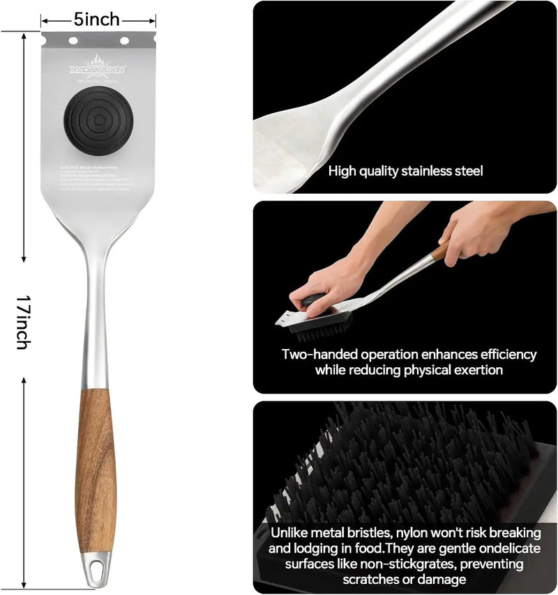 Grill Brush and Scraper, Dual Grip Design,Extra Strong BBQ Cleaner Accessories,Safe Nylon Bristles Barbecue Triple Scrubbers Cleaning Brush for Cast Iron Grates/Porcelain/Charcoal Grill by GreenHaven Gardens