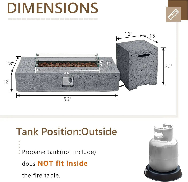 COSIEST 56 x 28 inch Outdoor Propane Fire Pit Coffee Table w Concrete Rectangle Base, CSA Certified, 50,000 BTU, Free Lava Rocks and RainCover, Fits 20lb Tank Outside, Wind Guard, Tank Cover, Gray by GreenHaven Gardens