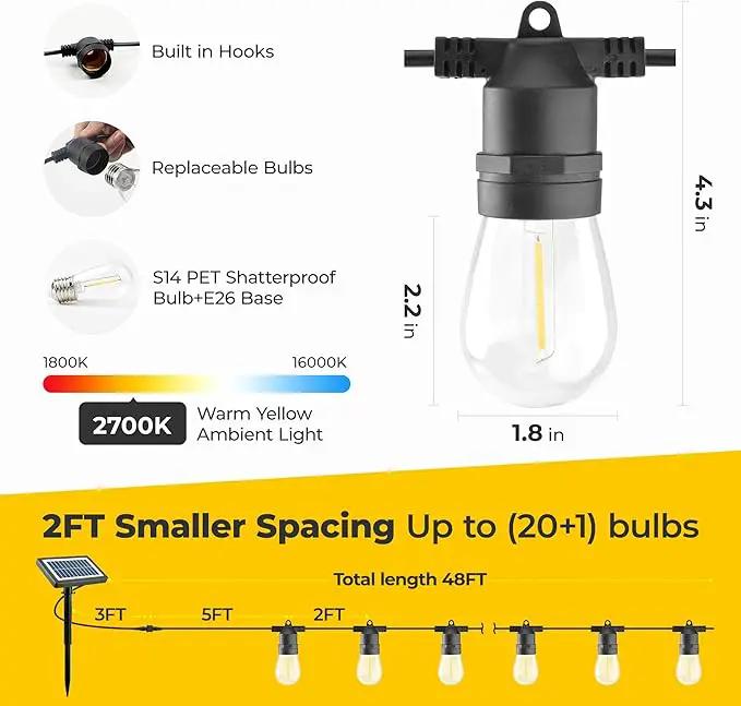 Solar String Lights Outdoor: 48FT 20*S14 3W Ultra-Long Battery Life Edison Bulbs Solar Powered Outside IP65 Waterproof Hanging Warm White Led Lights for Patio Garden Pool Yard Porch Gazebo by GreenHaven Gardens