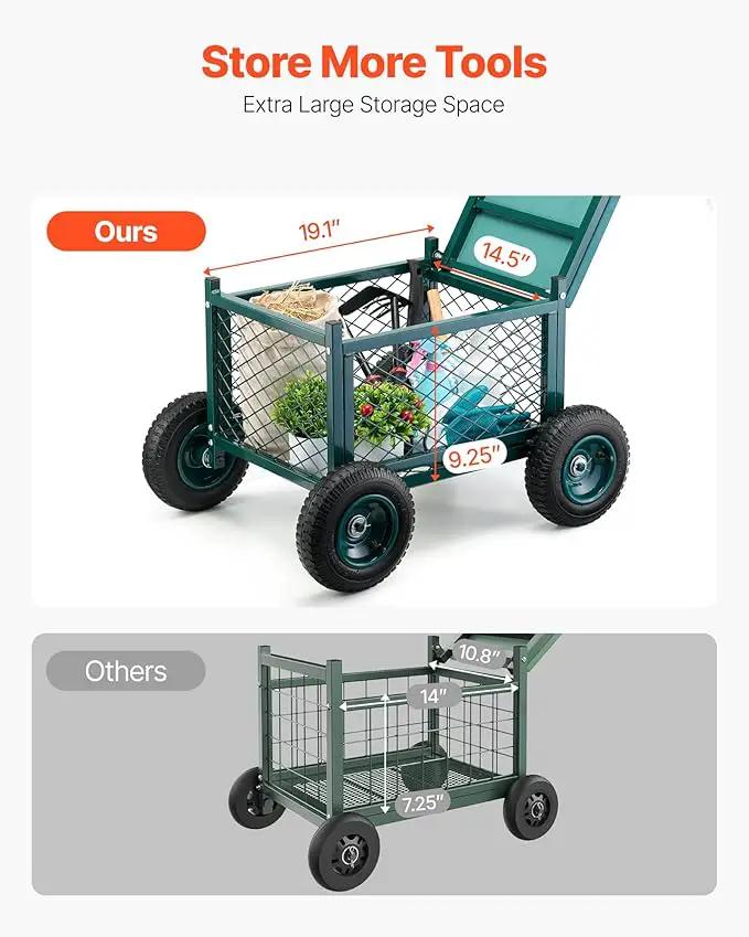 VEVOR Rolling Garden Cart with Seat, Metal Rolling Garden Work Seat with Wheels, Supports up to 400 LBS, Heavy Duty Gardening Cart Scooter, Outdoor Wagon & Stool on Wheels for Lawn, Patio, Backyard by GreenHaven Gardens