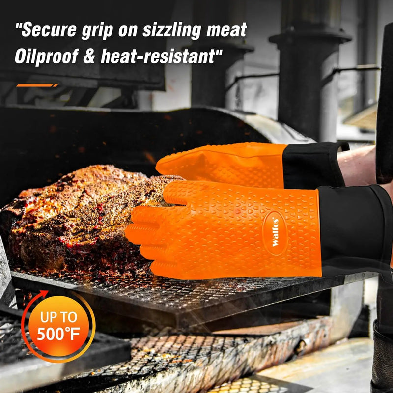 Walfos Silicone BBQ Gloves - Heat Resistant Grilling Gloves, Premium Non-Slip Kitchen Oven Mitt with Protective Cotton Layer Inside, Waterproof, Great for Grilling, Kitchen and Cooking, Orange by GreenHaven Gardens