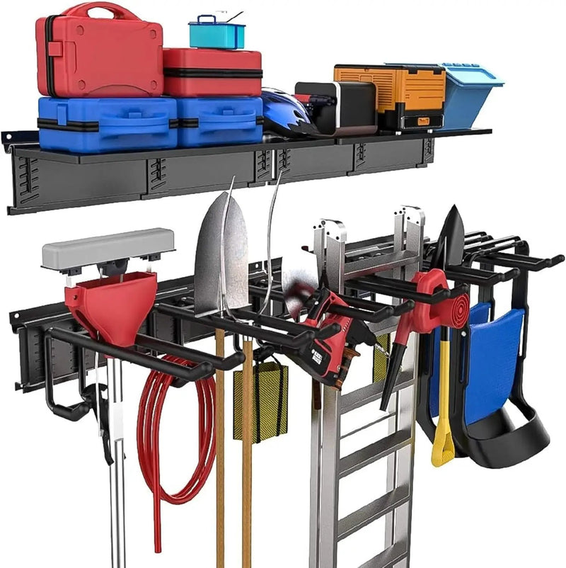 TORACK Garage Storage Organizer Systems, Wall Mount Overhead shelving, 48 inch Heavy Duty Steel Tool Racks, 6-Pack 12'' Double Hooks, 48 inch by 7 inch Floating Shelves, up to 1200Ibs by GreenHaven Gardens