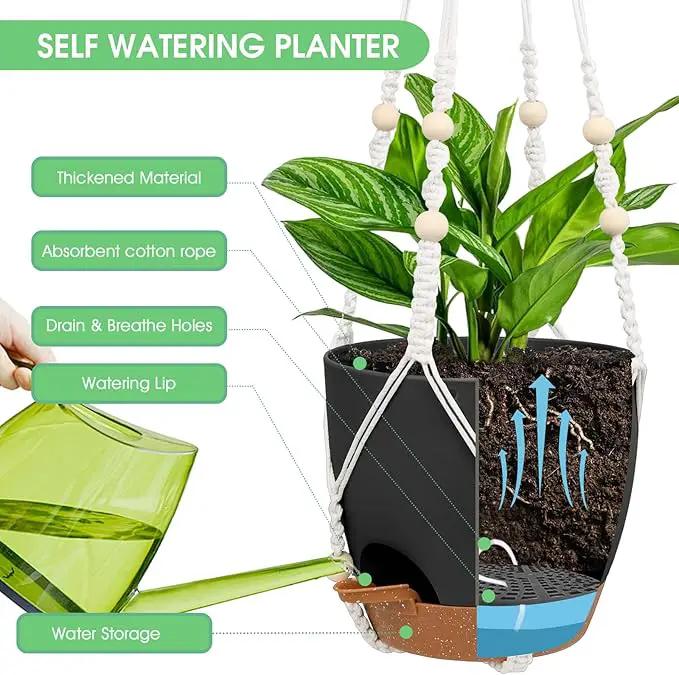 Hanging Planters for Indoor Outdoor Plants, 2 Pack Self Watering Hanging Pot with Drainage Holes, Removable Tray & 2 Kinds of Plant Hangers, 8'' Hanging Flower Pots for Home Garden Decor, Black by GreenHaven Gardens
