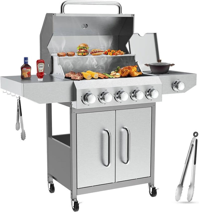 Llamaviva 5 Burner Propane Gas Grill with Side Burner,Stainless Steel BBQ Grill with Porcelain-Enameled Cast Iron Grates, 68000 BTU Cabinet-Style Cart Design for Outdoor Patio Barbecue- food clip by GreenHaven Gardens