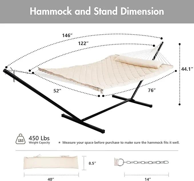 ANOW Heavy Duty Hammock with 12FT Steel Stand Included, Rope Hammock with Detachable Pillow and Pad, 450 LBS Weight Capacity, Cream by GreenHaven Gardens