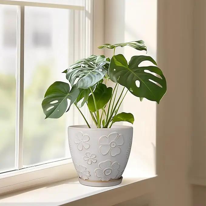 Ceramic Planter 8 Inch Plant Pot with Drainage Hole and Saucer Ceramic Pots for Indoor Plants Outdoor Large Flower Pot for Home Decor White by GreenHaven Gardens