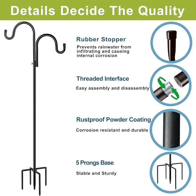 Double Shepherds Hook for Outdoor,62 Inch Bird Feeder Pole with 5 Prongs Base,Adjustable Heavy Duty Garden Hanging Holder for Hanging Plant,Solar Light,Weddings Decor,Hummingbird Feeder(1 Pack) by GreenHaven Gardens