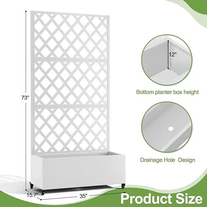 Metal Planter Trellis Box with Wheels & Drain Plug Outdoor Raised Garden Bed Patio Privacy Screen with Planter for Climbing Plants, Vegetables 73"x35"x16" White-Diamond by GreenHaven Gardens