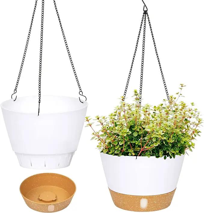 QCQHDU 2 Pack 8 inch Hanging Planters for Indoor Plants, Outdoor Hanging Baskets, Self Watering Pots with Drainage Holes & Removable Tray (White, 8 inch) by GreenHaven Gardens