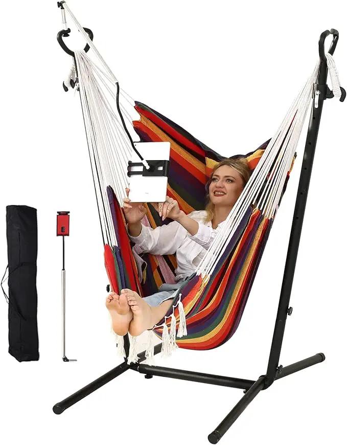 ZEYU Hammock Chair with Stand Double Hammock Chair Bohemian Style with Tassel Mobile Phone Support Manual Adjustable Swing Indoor and Outdoor Garden Porch with Floor mat Reclining Capacity 400 pounds by GreenHaven Gardens
