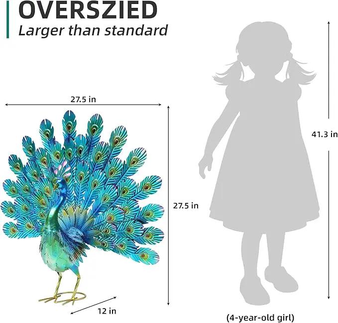 27.5" Tall Metal Peacock Garden Statue - Handmade, 3D Textured, Tail Spread Sculptures for Patio, Garden or Entryway. by GreenHaven Gardens