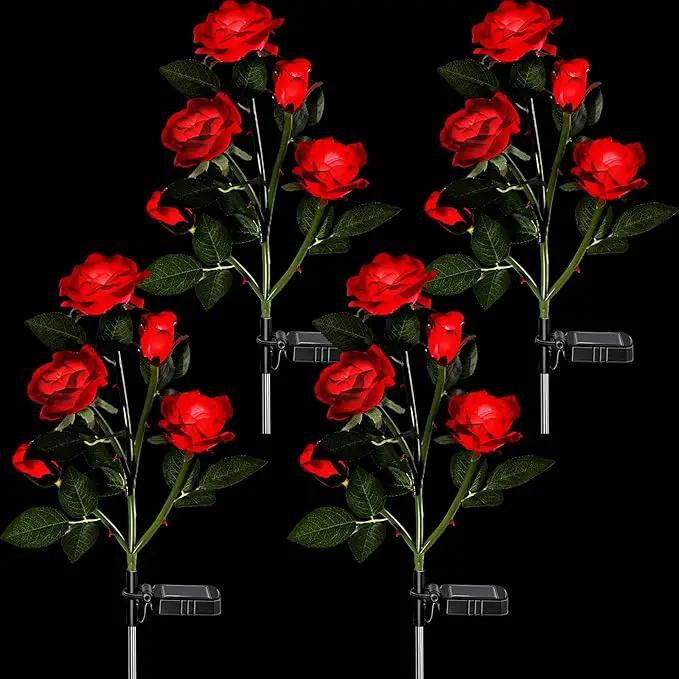 4 Pack Outdoor Solar Flower Lights Waterproof Garden Decorative Lights Outside Solar Powered Pathway Lights with 20 Realistic Rose Flowers for Yard Lawn Pathway Backyard Decor(Red) by GreenHaven Gardens