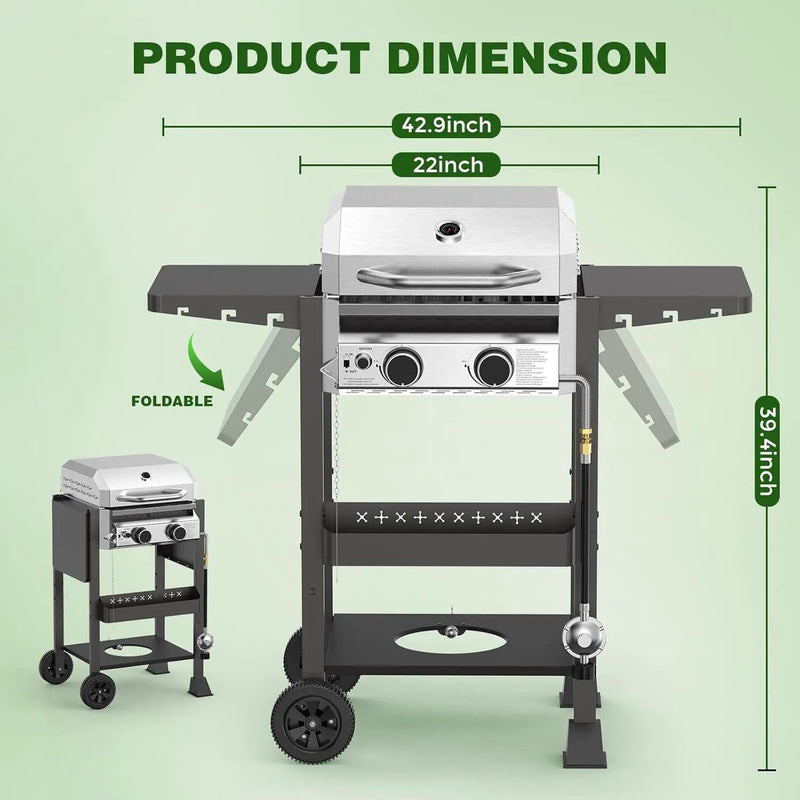 COWSAR 2-Burner Propane Gas Grill with Folding Side Tables,Stainless Steel 16,000 BTU BBQ Grill,Outdoor Grill for Barbecue,Patio,Camping by GreenHaven Gardens