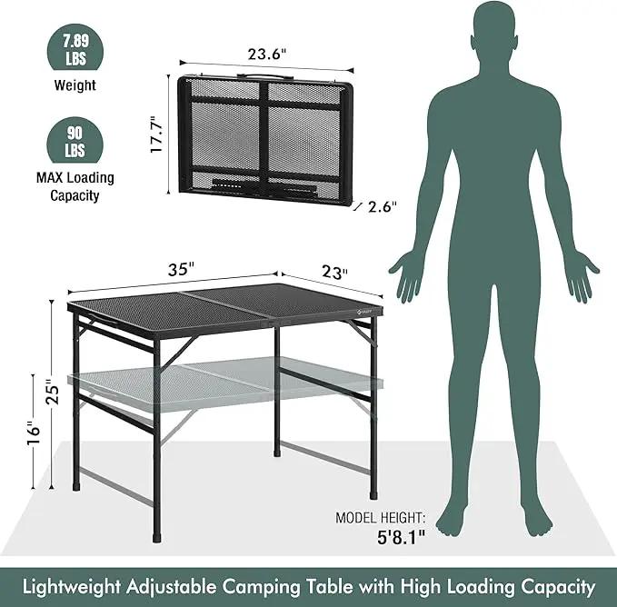 VILLEY Grill Table, 3ft Folding Camping Table with Aluminum Adjustable Legs, Portable Lightweight Camp Table for Beach Picnics and Outdoor Cooking by GreenHaven Gardens