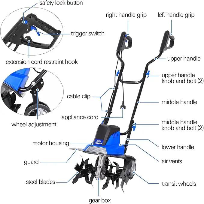BILT HARD Tiller Cultivator 16 inch, 13.5 Amp 6 Steel Tines Tillers for Gardening Foldable, Electric Garden Rototiller with Adjustable Wheels by GreenHaven Gardens