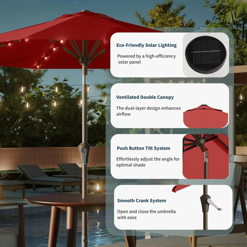 9FT Solar Umbrella 32 LED Lighted Patio Umbrella Table Market Umbrella w/Tilt and Crank, UV-Resistant Outdoor Umbrella for Pool, Garden, Deck, Red by GreenHaven Gardens