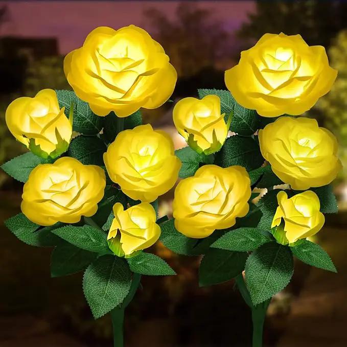Solar Flower Lights Outdoor - Upgraded New Material Two Modes Realistic LED Solar Powered Waterproof Lights with 5 Roses, Solar Decorative Stake Lights for Garden (Yellow, 2 Pack) by GreenHaven Gardens