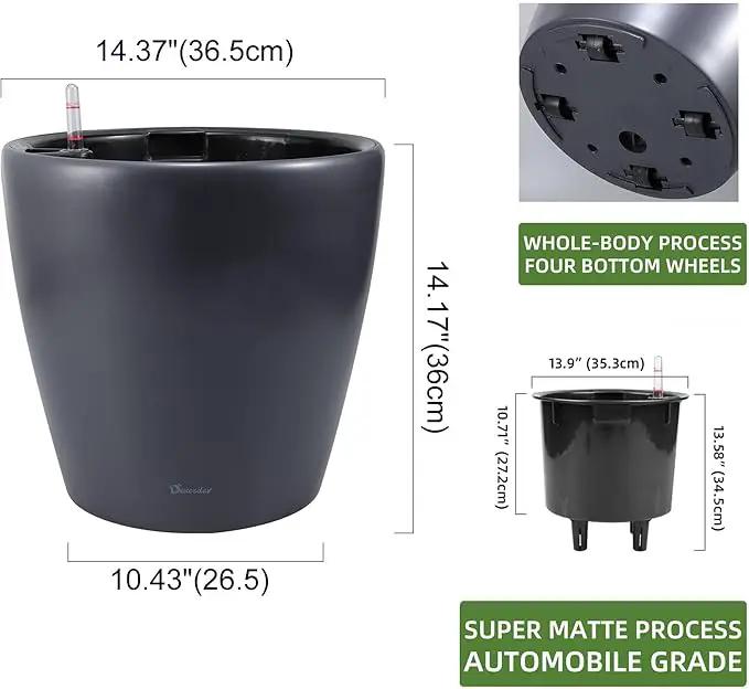 Dexceder 15x14 Self Watering Planter with Wheels Indoor Outdoor, Inner Pot Design, Thickened Large Floor Standing Flower Plant Pot with Water Level Indicator (Slate Gray Matte) by GreenHaven Gardens