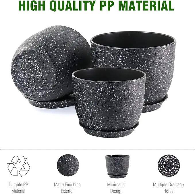 9/8/7.5 inch Plant Pots, Set of 3 Modern Decorative Plastic Planters with Drainage Holes and Saucer for Garden House Plants, Flower Pots for Indoor Outdoor Plants, Speckled Black by GreenHaven Gardens