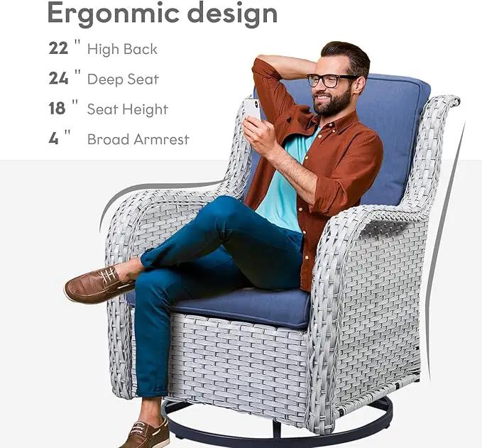 Outdoor Swivel Rcoker Patio Chairs - Outdoor Swivel Patio Chairs Set of 2 Wicker Chair Patio Furniture Sets with Covered Cushion for Porch Deck Balcony Garden, Blue Cushion by GreenHaven Gardens