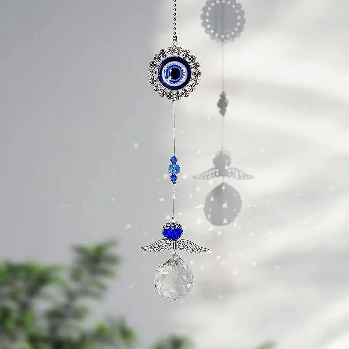 Handmade Crystal Angel Suncatcher Hanging Turkish Blue Evil Eye Protection Pendant and Good Luck Charm Gift by GreenHaven Gardens
