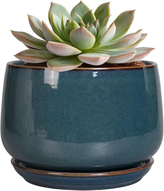 G EPGardening Ceramic Planter 6 Inch - Round Modern Ceramic Pot for Plants with Drainage and Plant Tray Indoor for Flower, Apartment Decor, Housewarming Gifts New Home, Retro Blue by GreenHaven Gardens
