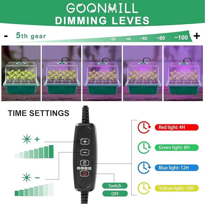 GOONMMILL Seed Starter Tray with Timed Grow Light, 5 Packs Plant Starter Tray Seedling Starter Kit with Humidity Domes Base Indoor Greenhouse Mini Propagator Station for Seeds Growing Starting by GreenHaven Gardens