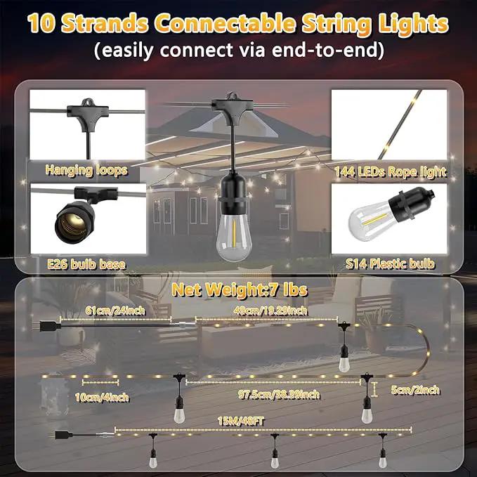Outdoor String Fairy Lights, 48ft Dimmable Patio Lights with 15+1 S14 Retro Edison Bulbs & 144 Fairy Rope, IP65 Waterproof, LED Outside Hanging Light for Party Backyard Bistro, 7 Strands Connectable by GreenHaven Gardens