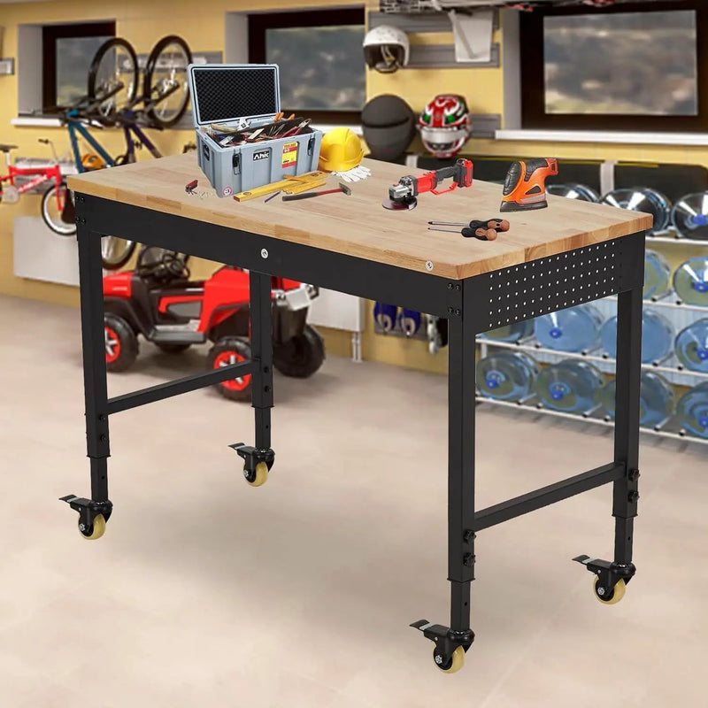 75'' Adjustable Workbench on Wheels, 2000LBS Heavy Duty Worktable with Power Outlets, Rubberwood Workstation for Workshop, Garage, Office, Home by GreenHaven Gardens