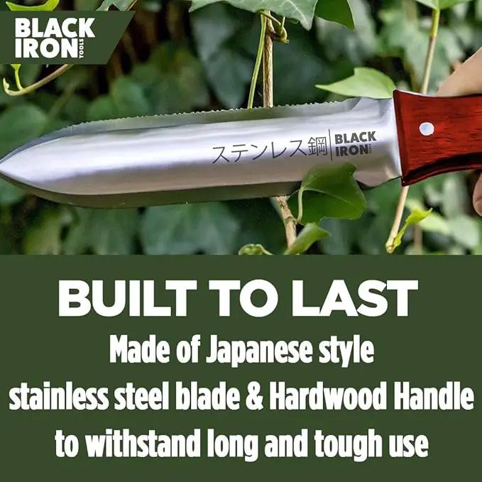Black Iron Hori Hori Garden Knife [7 Inches, Japanese Stainless Steel] Durable Gardening Tool for Weeding, Digging, Cutting & Planting with Leather Sheath and Sharpening Stone by GreenHaven Gardens