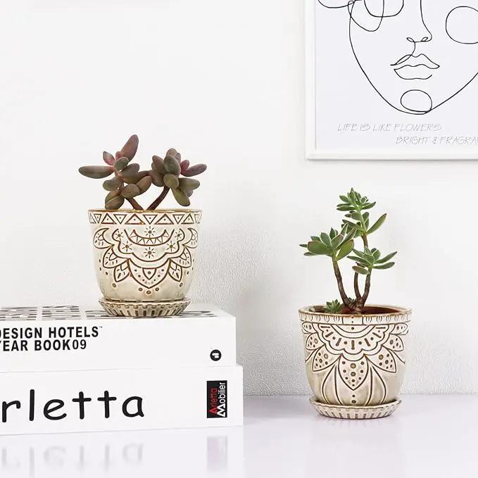 Gepege Succulent Pots, 4 Inch Small Indoor Ceramic Planter Pot with Drainage Holes and Saucers for Plants- Creamy White - Set of 4 by GreenHaven Gardens